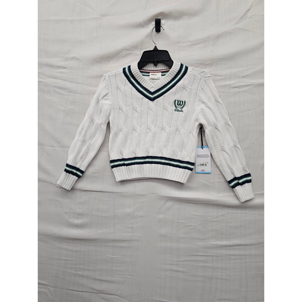 Wilson Girls V-Neck Pullover Sweater White Cotton Blend Athletic Size Small 6/6X